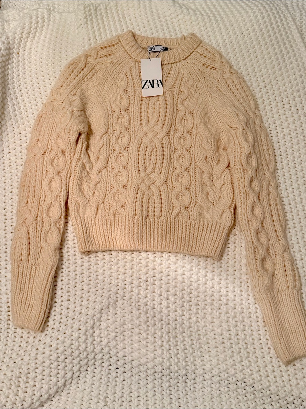ZARA Neutral Cream Cable Crewneck Sweater